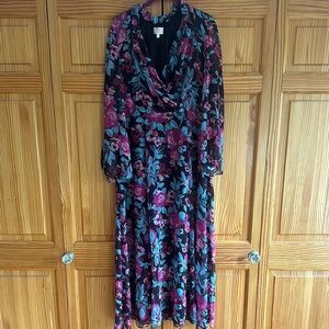 Floral Black Pink and Light Blue Boho Women's Dress Long Sleeve size Large